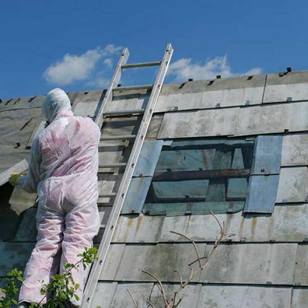 Asbestos remover climbing ladder